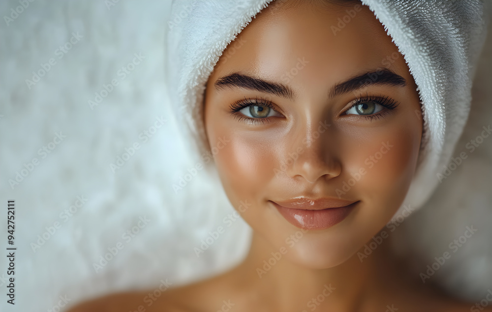 A woman with a white towel on her head and a smile on her face A woman with a white towel on her head and a smile on her face