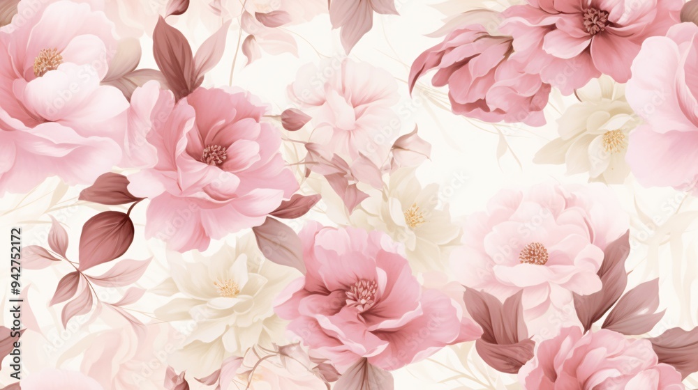 Seamless watercolor pattern showcasing lush peony blossoms in shades of pink and white, surrounded by gracefully swirling leaves. The vintage design exudes luxury with its soft, muted tones and