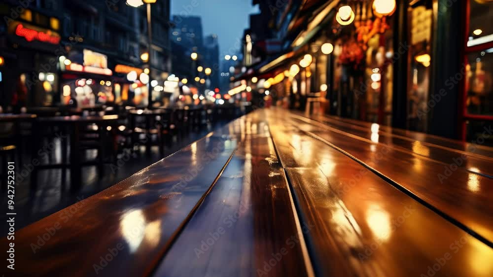 Evening stroll through vibrant street market with illuminated shops and reflective wooden tables Evening stroll through vibrant street market with illuminated shops and reflective wooden tables