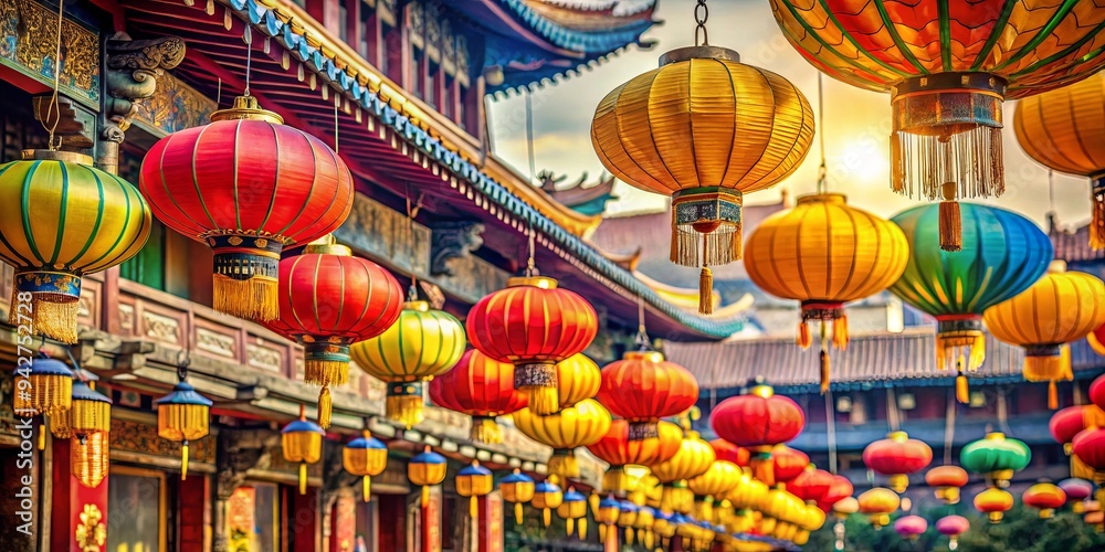 Fototapeta premium Colorful Chinese lanterns hanging in a traditional temple in China showcasing the country's rich culture and architecture