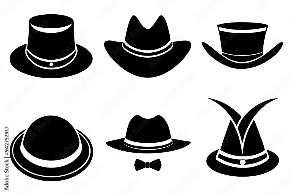 6 set unique black hat styles silhouette vector 6 set unique black hat styles silhouette vector