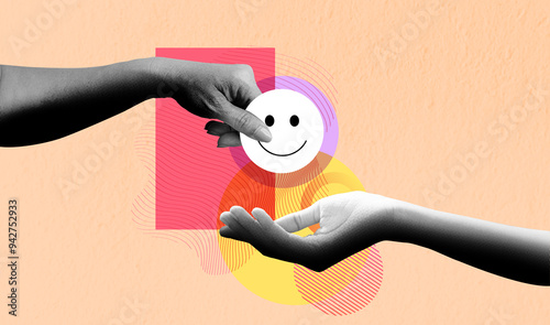Hands holding happy smile, feedback rating and positive customer review experience, satisfaction survey. Art collage digital pop modern art.