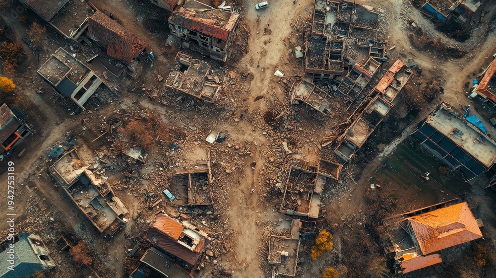 Obraz premium A drone captures the ruins of a once-thriving neighborhood, where nature and human structures are equally torn apart by a massive earthquake
