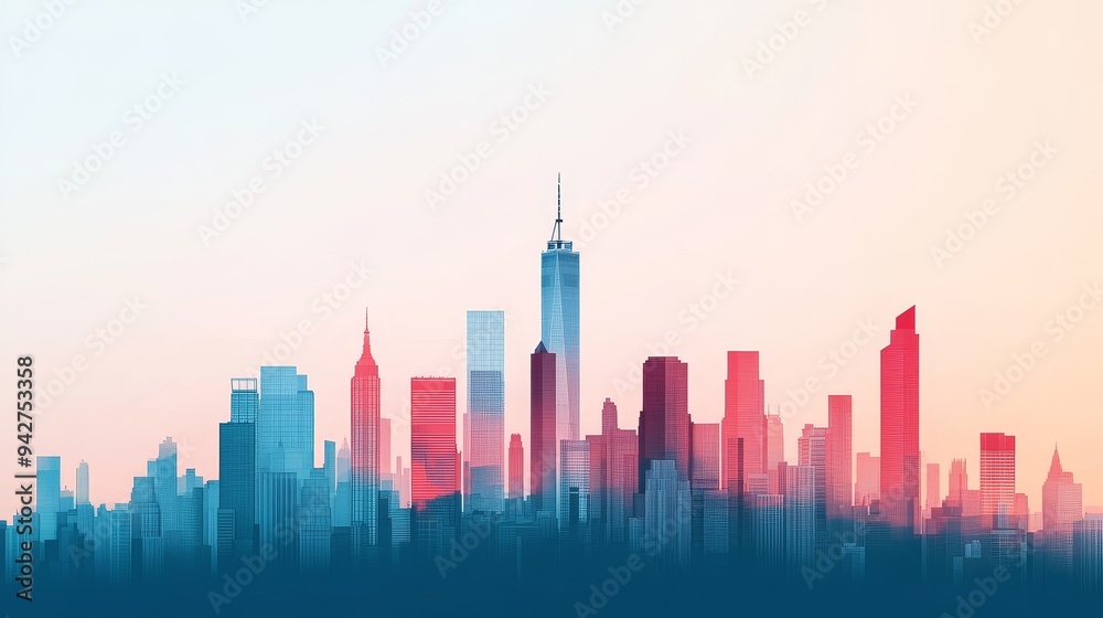A colorful cityscape silhouette at sunrise, with skyscrapers and buildings against a pink and blue sky.