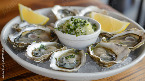 A plate of fresh oysters served on ice with lemon wedges