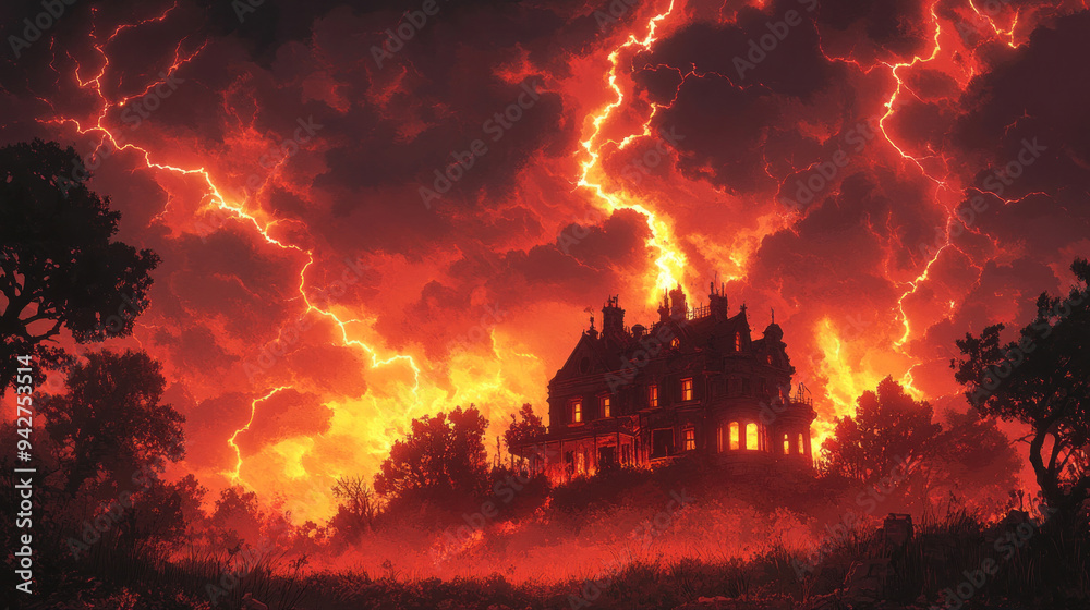 Fototapeta premium A haunted mansion on a hill, silhouetted against a blood-red sky, with lightning striking in the background.