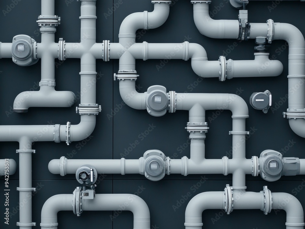 A complex network of white pipes and valves on a dark blue wall. The pipes are arranged in a random pattern, creating a visually interesting abstract design. A complex network of white pipes and valves on a dark blue wall. The pipes are arranged in a random pattern, creating a visually interesting abstract design.