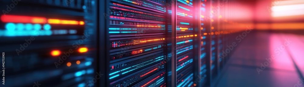 Futuristic hyperscale data center, cloud systems in full optimization mode, glowing data flows, sustainable technology focus, sleek and advanced visual style