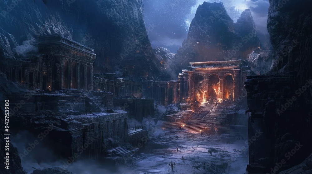 Ancient Stone City in a Snowy Mountain Valley Ancient Stone City in a Snowy Mountain Valley