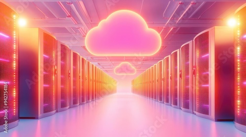 Hyperscale data center with cloud redundancy architecture, dual network connections, secure data backups visualized, high-tech environment, vibrant and clean aesthetics photo