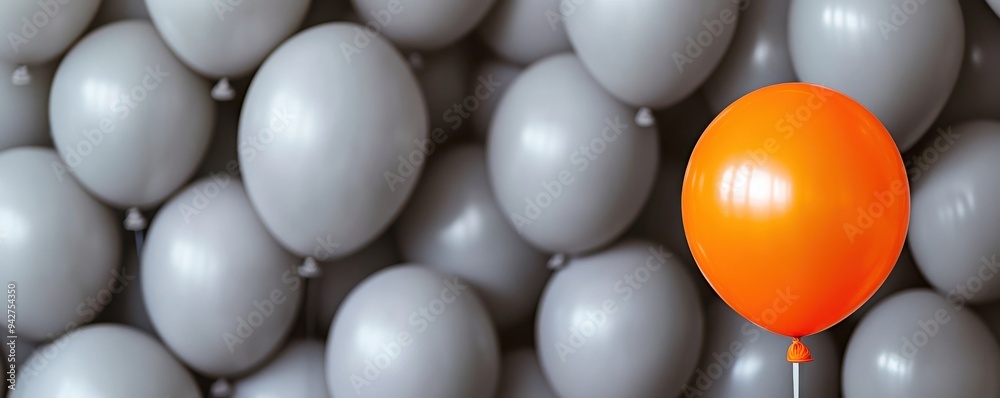 A vibrant orange balloon stands out against a backdrop of gray balloons, creating a striking visual contrast for celebrations. A vibrant orange balloon stands out against a backdrop of gray balloons, creating a striking visual contrast for celebrations.