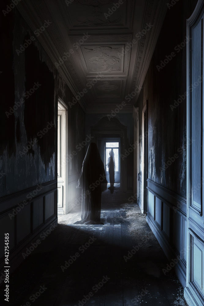 Ethereal ghostly figure drifting through the corridors of an old, abandoned mansion, with moonlight casting eerie shadows on the walls. Ethereal ghostly figure drifting through the corridors of an old, abandoned mansion, with moonlight casting eerie shadows on the walls.