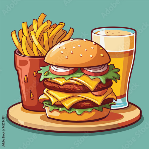 Burger with fried chicken french fries fast food vector