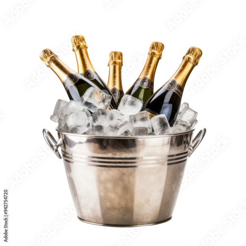 Bottle Champagne in Ice Bucket Isolated on a Transparent Background