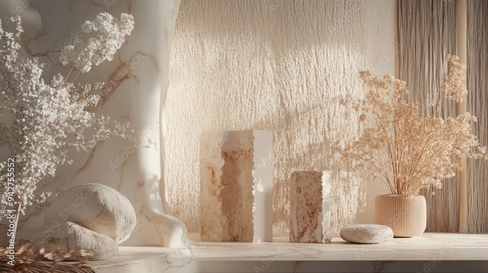 A 3D-rendered scene of organic forms with natural textures and earthy tones, symbolizing growth and evolution.