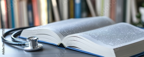A medical book and stethoscope on a desk, representing healthcare and education in a professional environment.
