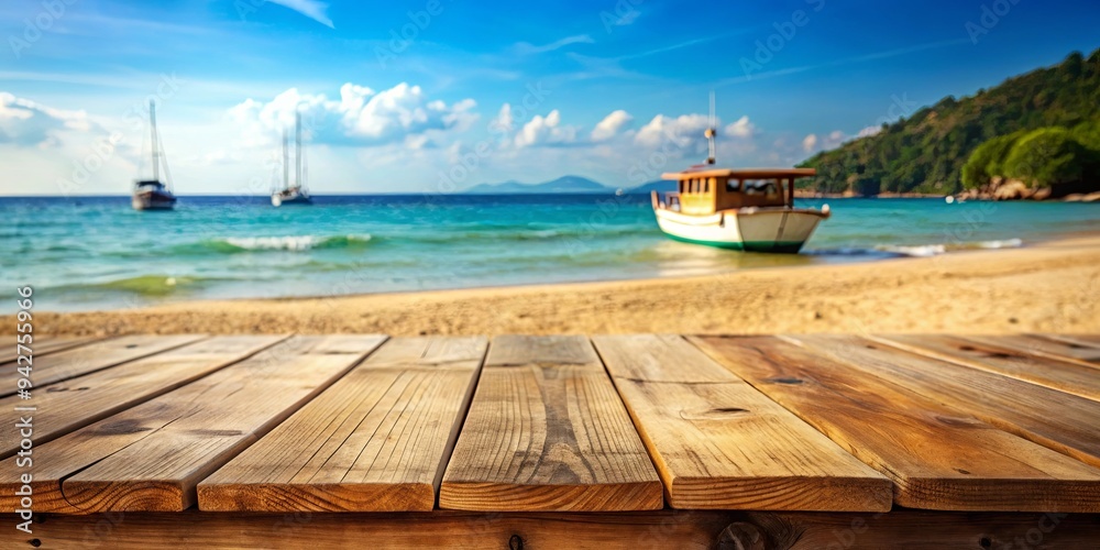 Obraz premium Empty wooden table on sandy summer beach with blurred touristic boat tour in background