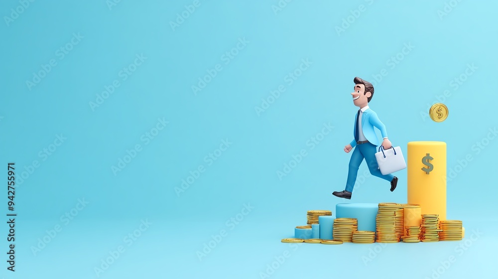 A businessman is walking on stacks of coins, symbolizing financial success and growth in a vibrant, cheerful environment. A businessman is walking on stacks of coins, symbolizing financial success and growth in a vibrant, cheerful environment.