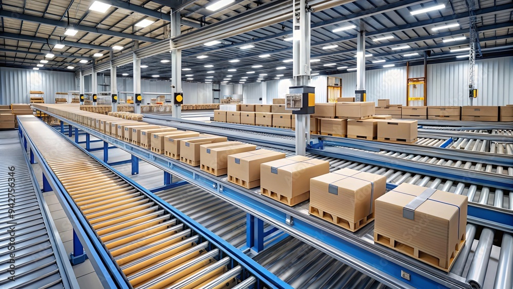 Automated conveyor system transporting packages in distribution center Automated conveyor system transporting packages in distribution center