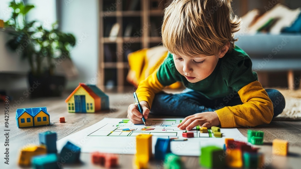 A child imitating a green energy consultant, drawing a plan for a sustainable house with toy materials