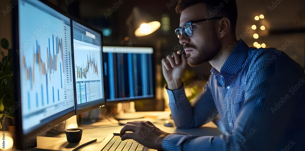 Trader man in suit analyzes data on his computer screen. Trader using his laptop Trader man in suit analyzes data on his computer screen. Trader using his laptop