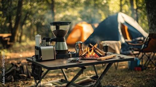 A camping setup featuring a tent, campfire, and cooking equipment, with a portable coffee maker on a camping table.