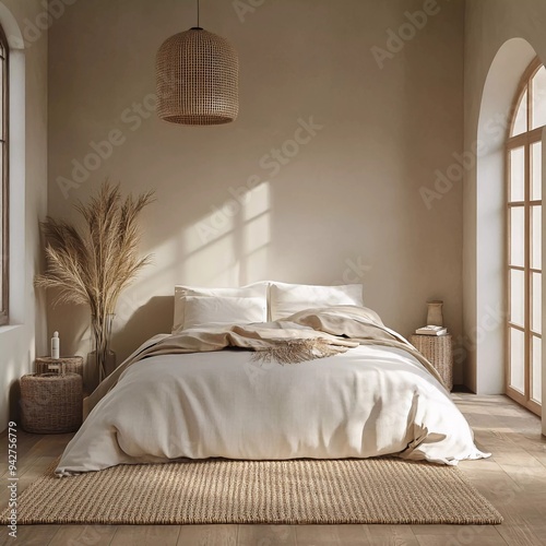 House mockup, simple cozy Coastal bedroom interior background, beautiful 3d rendering