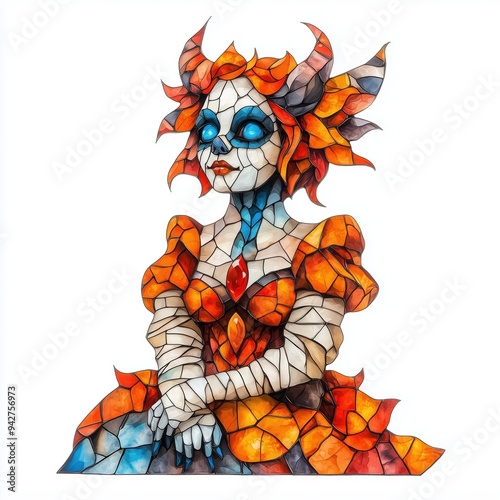 Stained Glass Fantasy Halloween Succubus in Mummy Costume - Watercolor Clipart - Gothic Spooky Art - Perfect for Halloween Decorations and Invitations - High-Quality Stock Image on White Background
