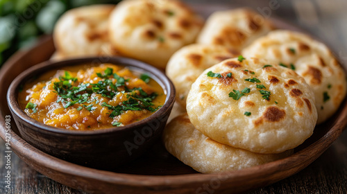 A plate of fluffy puris served with a bowl of sweet and aromatic halwa, perfect for a traditional Indian breakfast treat.