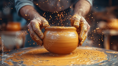 Artisanal pottery workshop, potter at wheel, finished ceramics
 photo