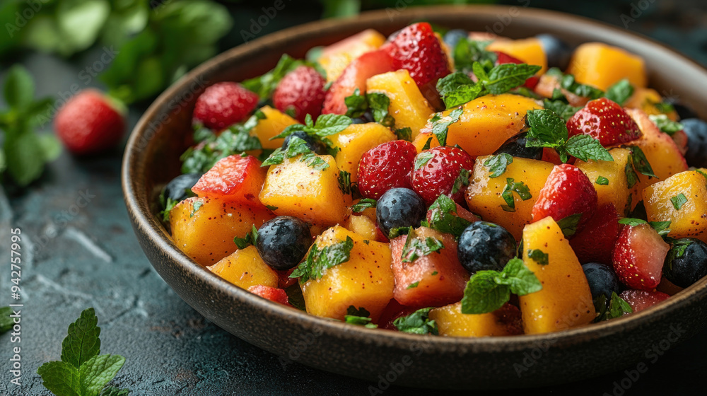 A refreshing bowl of fresh fruit salad with Indian spices, served alongside a traditional breakfast dish like upma. A refreshing bowl of fresh fruit salad with Indian spices, served alongside a traditional breakfast dish like upma.