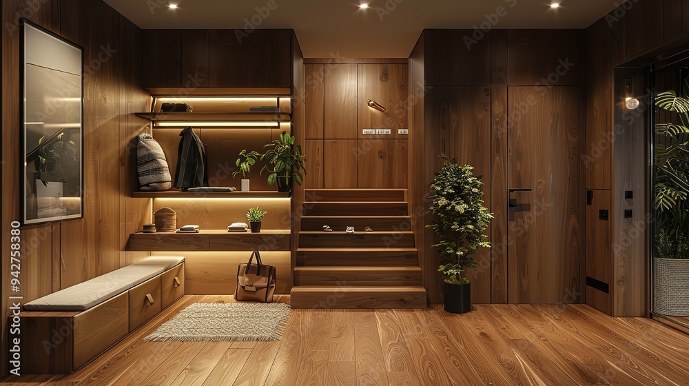 Interior Stylish Modern Wooden Entrance Hallway Decor