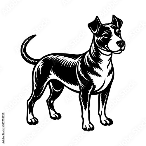 Vector black and white illustration of a dog isolated on a white background