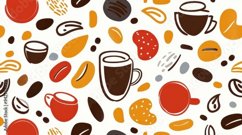 Explore this vibrant coffeethemed abstract seamless pattern, featuring modern flat illustrations and playful textures. photo
