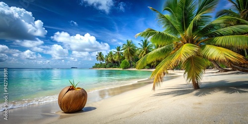 Coconut on a sandy beach with crystal clear water in background, surrounded by tropical palm trees, creating a perfect vacation paradise