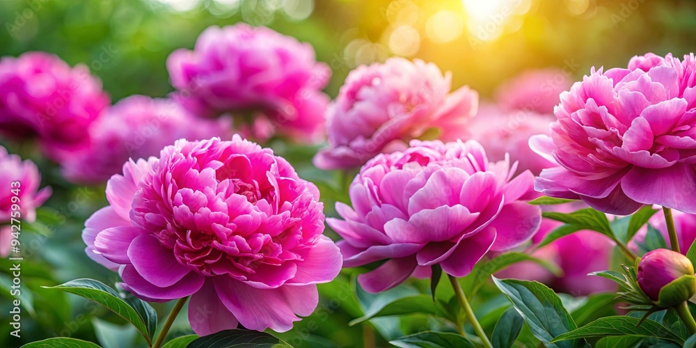 Close up of vibrant pink peonies in full bloom in a lush garden setting Close up of vibrant pink peonies in full bloom in a lush garden setting