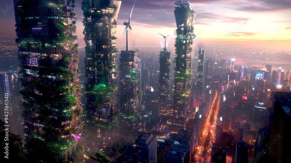 Fototapeta premium Futuristic city skyline with towering green structures and wind turbines. The scene captures the beauty of modern architecture blended with nature. A perfect representation of sustainability. AI