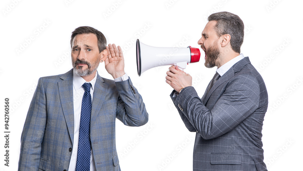 business idea advertisement. businessman manager shouting in loudspeaker isolated on white. business man promoter has conflict. businessman do business advertisement. advertisement concept business idea advertisement. businessman manager shouting in loudspeaker isolated on white. business man promoter has conflict. businessman do business advertisement. advertisement concept