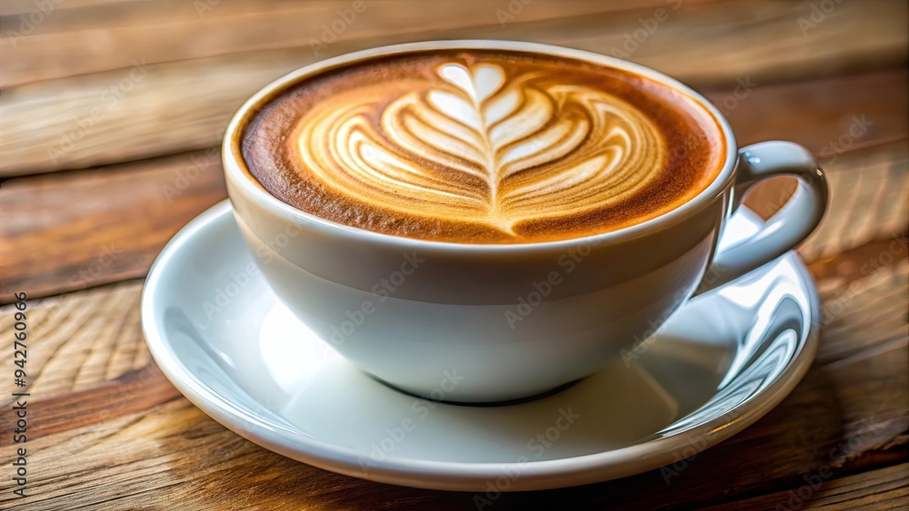Close up shot of a steaming cappuccino on a saucer with foam art, perfect for a coffee break or latte art enthusiasts Close up shot of a steaming cappuccino on a saucer with foam art, perfect for a coffee break or latte art enthusiasts