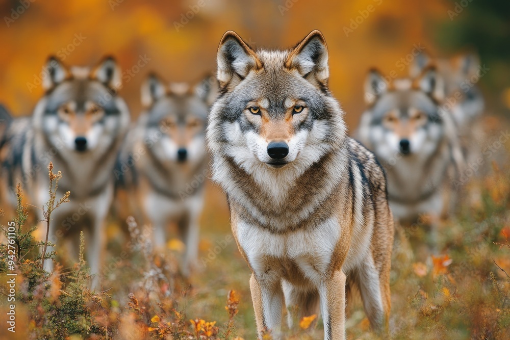 Pack of wolves staring with intense gaze Pack of wolves staring with intense gaze