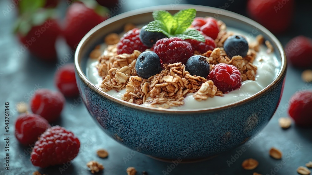 Bowl of yogurt topped with delicious blackberries, raspberries and granola for a healthy breakfast Bowl of yogurt topped with delicious blackberries, raspberries and granola for a healthy breakfast