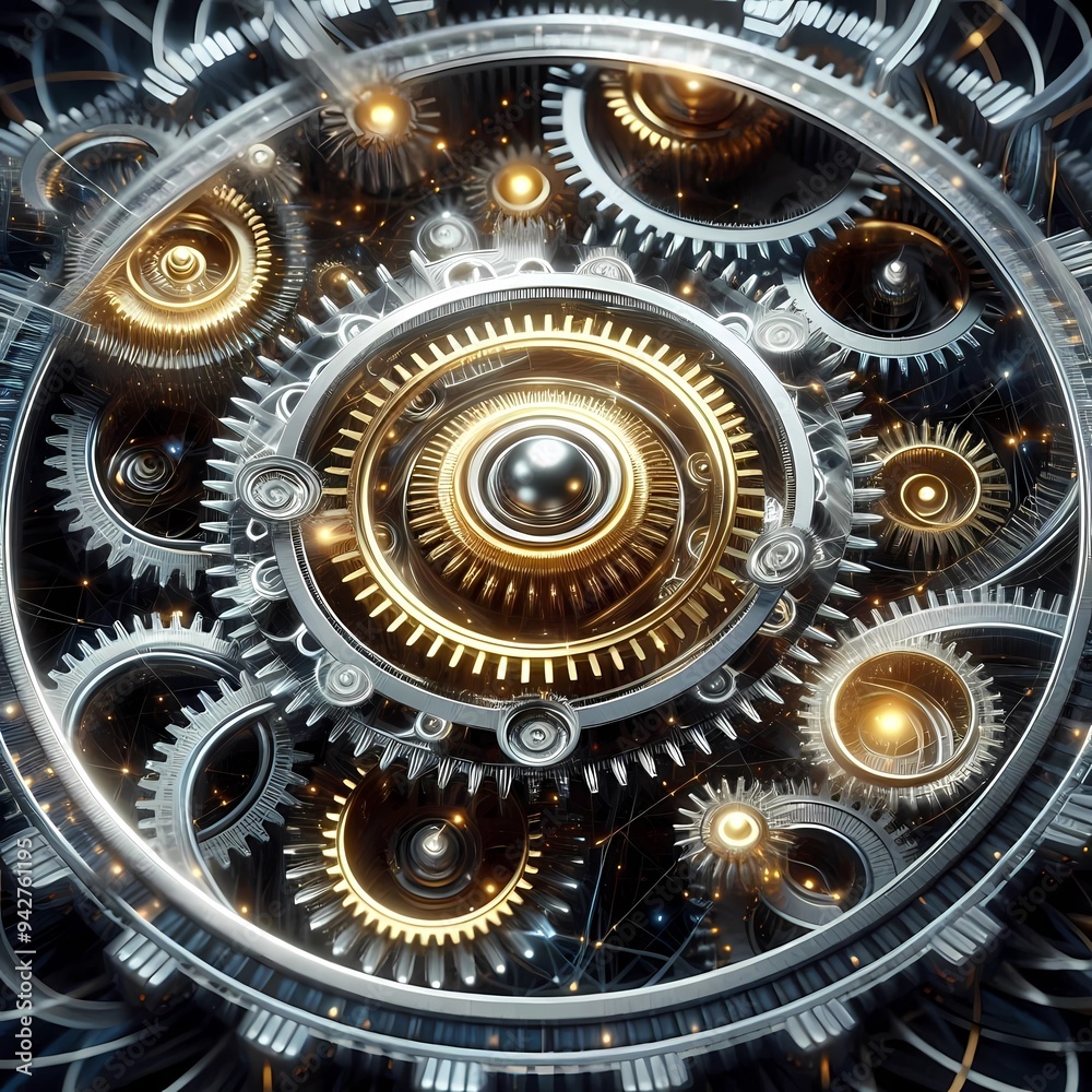 Close-up of a mechanism of simple geometric shapes made of energy communicating quantumly through light and binary numbers, interlocking silver and gold metal bands representing universal balance, . Close-up of a mechanism of simple geometric shapes made of energy communicating quantumly through light and binary numbers, interlocking silver and gold metal bands representing universal balance, .