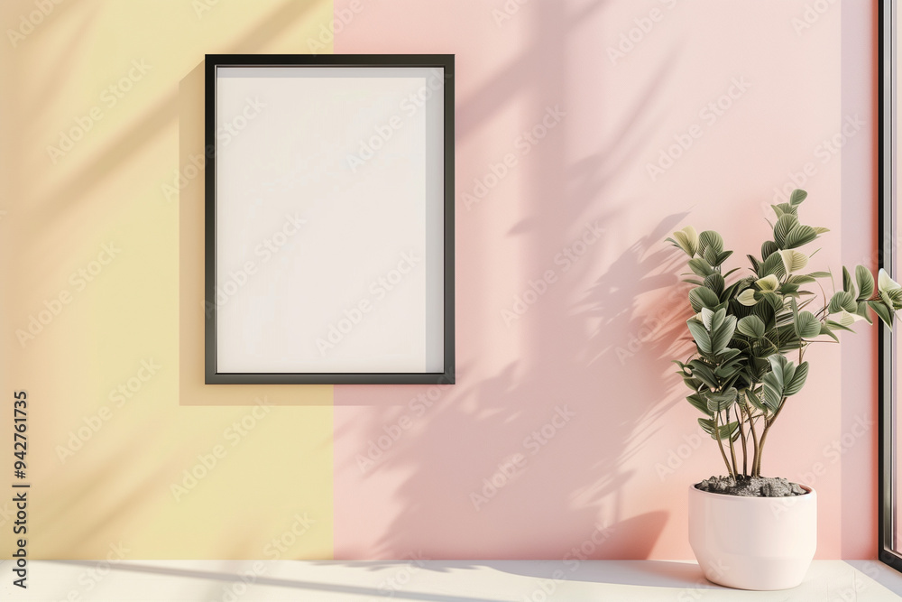 Fototapeta premium Scandinavian style blank black frame mockup on a pastel colored