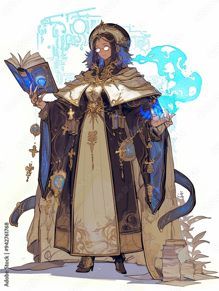 Obraz premium A Woman in a Long Robe Holding a Book and Performing Magic