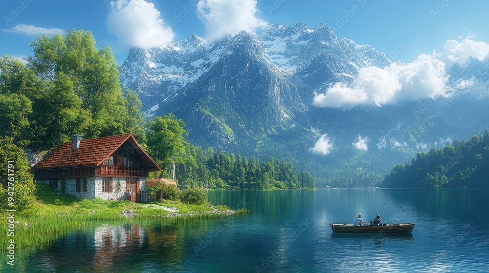 Fototapeta premium Couple fishing on a mountain lake with a stone cottage