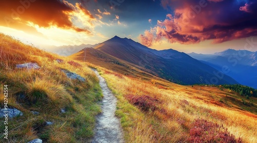 Mountain trail leading along the mountain ridge of beautiful mountains with autumn grass and colorful sky. Western Tatras, High Tatras, Slovakia, Poland. Discovering hiking in a colorful autumn