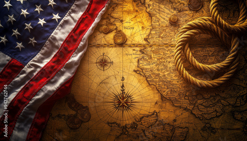 American Flag and Nautical Elements on an Antique Map