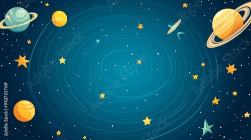 Fototapeta Naklejka Na Ścianę i Meble -  A vibrant cartoon illustration of a starry space scene featuring planets and stars against a swirling blue backdrop.