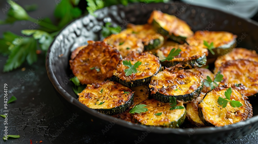 Rounds of crispy golden baked courgettes placed in a black porcelain dish Rounds of crispy golden baked courgettes placed in a black porcelain dish