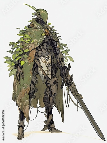 A  camouflaged humanoid figure wielding a sword photo